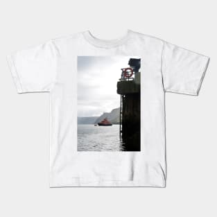 Portree lifeboat at anchor in the harbour, Isle of Skye, Scotland Kids T-Shirt